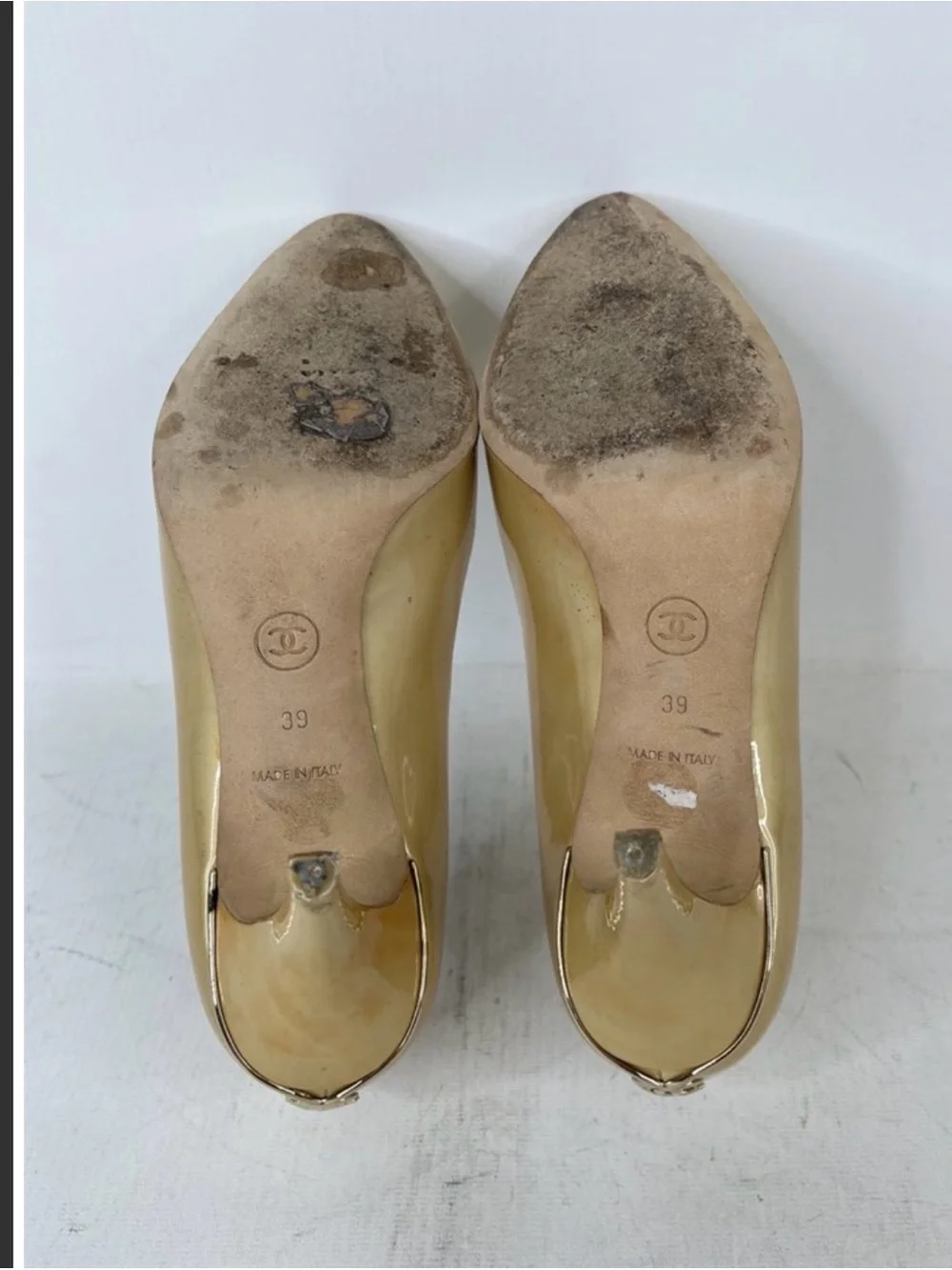 CHANEL Gold beige Patent Leather Pointed Toe Pumps